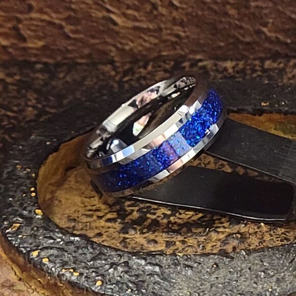 Engraved Mens Blue galaxy Opal Tungsten Ring  - Picture 3 of 9